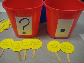 Make sentences without the punctuation marks and kids have to decide whether it needs a question mark or period. Exclamation Sentences, Period Questions, Punctuation Activities, Recycled Cans, A Question Mark, Paint Stirrers, 2nd Grade Writing, Kindergarten Themes, 1st Grade Writing