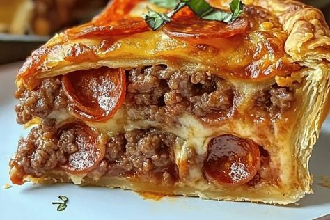 Deep-Dish Pizza Pie – Ultimate Sausage & Pepperoni Recipe Pepperoni Pie Recipe, Pepperoni Pizza Bake, Deep Dish Hamburger Sausage And Pepperoni Pie, Pizza Pot Pie Chicago, Beef Pizza Pie, Pizza Casserole Pie, Deep Dish Pizza Pie, Pizza Pie Deep Dish, Deep Hamburger Sausage And Pepperoni Pie