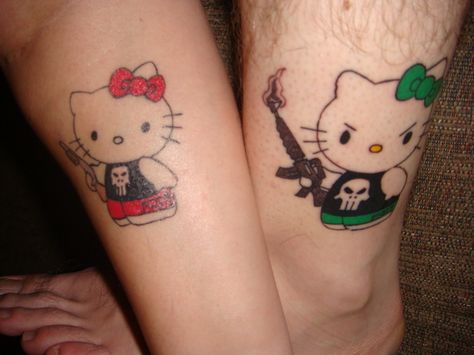 What better way to express your love than with an assault rifle–bearing Hello Kitty tat? Hello Kitty Matching Tattoos, Tatuaje Hello Kitty, Matching Tattoos For Couples, Hello Kitty Matching, Couple Tattoos Love, Kitty Tattoos, Tattoos For Couples, Best Couple Tattoos, Cute Matching Tattoos