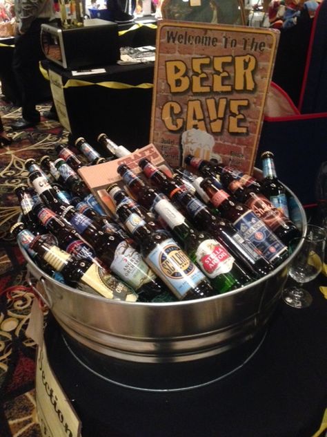 Beer Cave - Assorted craft beer silent auction basket. #curranmiller Alcohol Baskets, Tricky Tray Baskets, Silent Auction Gift Basket Ideas, Beer Tattoo, Silent Auction Basket, Auction Gift Basket Ideas, Chinese Auction, Beer Ideas, Auction Donations