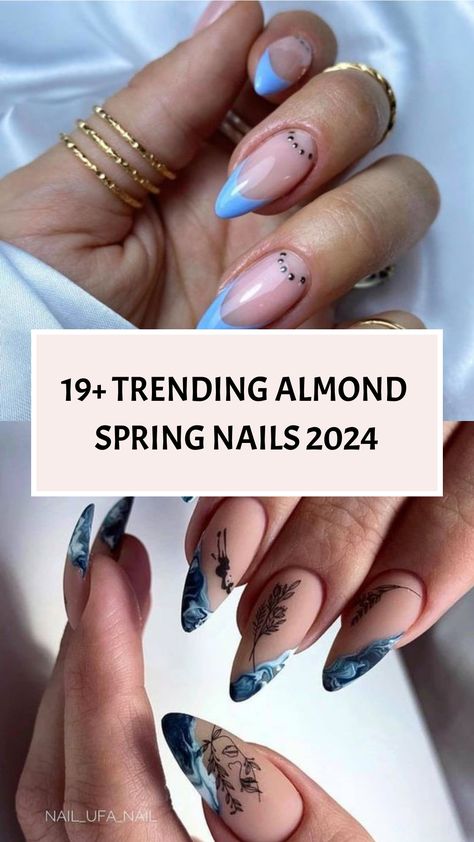 19+ Trending Almond Spring Nails 2024 Almond Abstract Nails, Nail Designs For Almond Shaped Nails, Holiday Gel Nail Ideas, Trending Almond Nails, Boho Style Nails, Almond Nails Winter Colors, Almond Nails Winter, Almond Spring Nails, Unique Acrylic Nail Designs