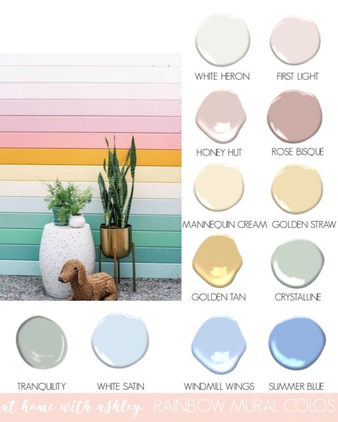 Outdoor rainbow mural diy, How to paint a pastel striped rainbow on a patio wall. This would work in a kids room too and is perfect if you like colors. Easy video tutorial for a painted rainbow with a fun aesthetic Rainbow Wall Paint Colors, Rainbow Paint Colors Behr, Half Bathroom Decor Colorful, Aesthetic Colors To Paint Your Room, Pastel Rainbow Paint Colors, Benjamin Moore Rainbow Palette, Rainbow Paint Colors, Rainbow Shiplap Wall, Pastel Rainbow Wall Paint