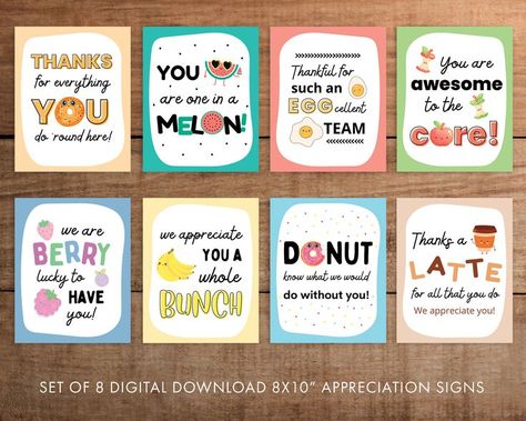 Decorate your Breakfast/Bruch appreciation celebration with a set of 8 pun signs printable for teachers, nurses, office, staff, employees, and volunteers. Great Value! Print. Reuse. Keep file forever.
1. Thanks a LATTE for all that you do
2. You are one in a MELON
3. Thankful for such an EGGcellent team
4. You are awesome to the CORE
5. We are BERRY lucky to have you
6. We appreciate you a whole BUNCH
7. DONUT know what we would do without you
8. Thanks for EVERYTHING you do 'round here Brunch Puns, Pun Signs, Teacher Appreciation Breakfast, Breakfast Puns, Nurses Office, Lemonade Sign, Thanks A Latte, Photography Mini Sessions, Volunteer Appreciation