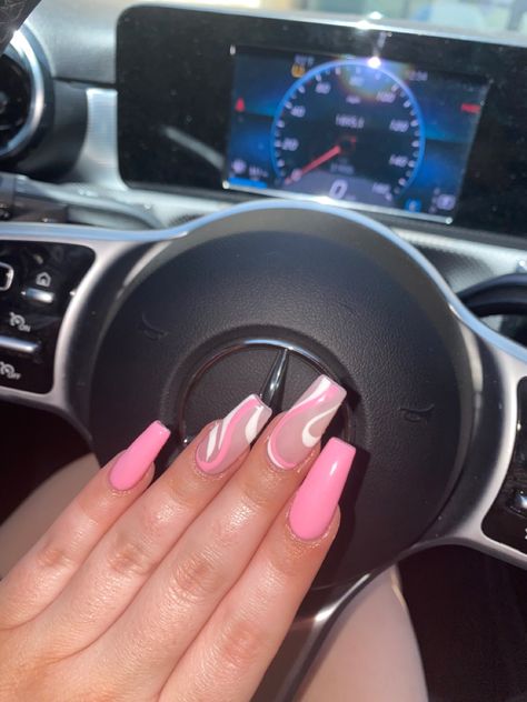 Coffin Shape Swirl Nails, Swirly Acrylic Nails Coffin, Cute Swirl Nail Designs, Simple Cute Nails Acrylic Coffin Pink, Coffin Shaped Nails Designs Summer, Light Pink Nails With Swirls, Ombre Nails With Swirls, Swirl Pink Nails, Coffin Shaped Spring Nails