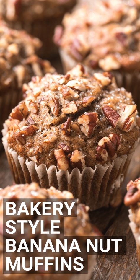 Learn how to make bakery style banana nut muffins with simple everyday ingredients! This easy banana nut muffin recipe will impress everyone with those big domed muffin tops loaded with nuts! Saved Recipes On My Board, Herbalife Muffins, Breakfast Bits, Muffins With Buttermilk, Easy Banana Nut Muffins, Magic Muffins, Easy Banana Muffins, Banana Bread Muffin Recipe, Morning Muffins