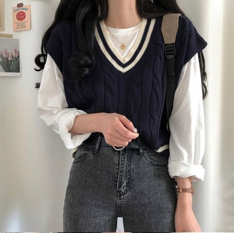 Half Sweater Outfits, Sweater Outfits Korean, Half Sweater, Vest Outfits For Women, Outfit Korean, Sweater Outfit, Causal Outfits, Tomboy Fashion, Saved Items