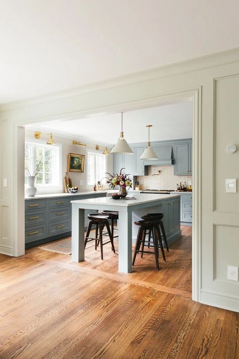 View of kitchen Cheerful Dining Room, Timeless Kitchen Remodel, Combined Kitchen Dining Room, Federal Farmhouse, Kitchen With Color, Erin Kestenbaum, Condo Makeover, Light Blue Kitchens, Sweet Kitchen