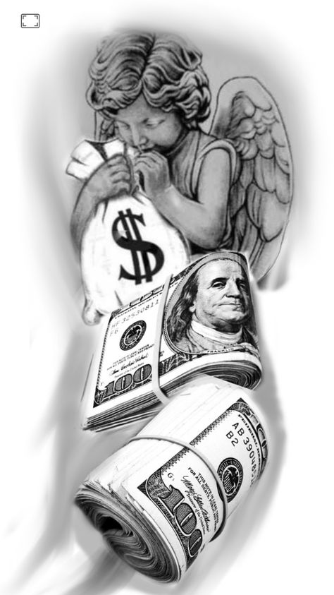 Dollars Tattoo Design, Angel Money Tattoo, Angel Holding Money Bag Tattoo, Money Stack Tattoo, Angel With Money Bag Tattoo, Money Tattoo Designs, Cash Tattoo, Money Tattoos, Joker Art Drawing