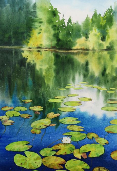 Lily Pad - Water Lilies - Lily painting - Water lilies - Water Lily Pond -  waterlily lake (2021) Watercolour by Olga Beliaeva Watercolour Water Lilies Painting, Pond Painting, Water Lily Pond, Winsor And Newton Watercolor, Lily Painting, Nature Watercolor, Chair Ideas, Sky Artwork, Summer Painting