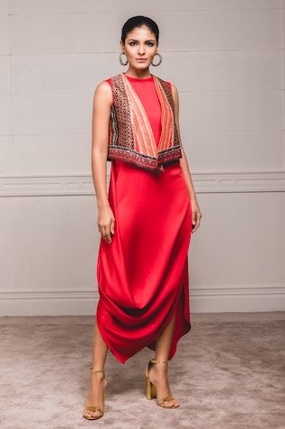 Draped Dress with Jacket Cowl Dress Indian, Satin Drape Dress, Red Drapes, Dress With Jacket, Cowl Dress, Tarun Tahiliani, Embroidered Neckline, Indian Fashion Designers, Jacket For Women