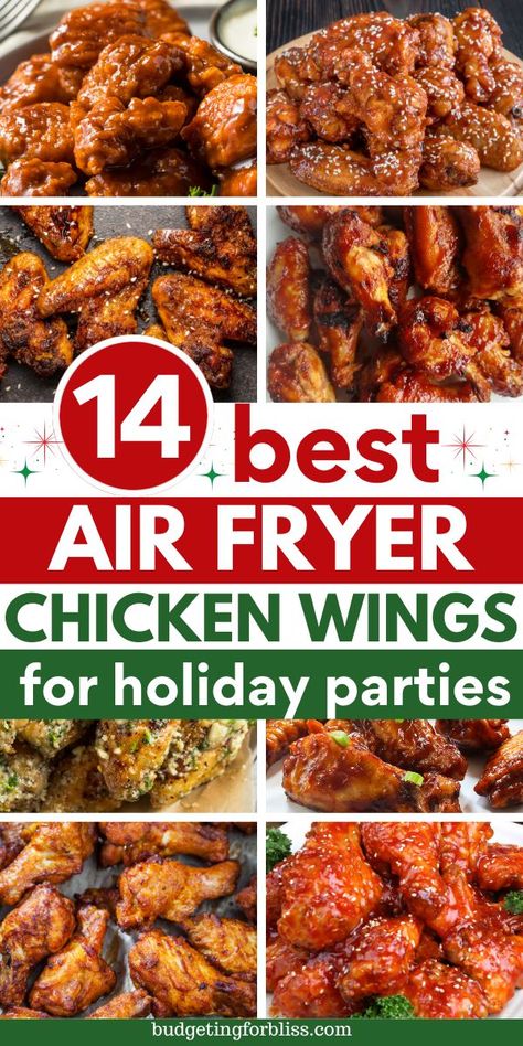 Looking for chicken wing recipes you can make in your air fryer for your next holiday gathering? Try these 14 best air fryer chicken wings that make a perfect appetizer for your holiday party, Christmas eve dinner or potluck. Everyone will love these easy and crispy air fried chicken wings. Best Air Fryer Wings Recipe, Chicken Wings In Air Fryer With Baking Powder, Air Fryer Wing Recipes, Frozen Wings In Air Fryer Crispy, Chicken Wing Appetizers For Party, Air Fryer Breaded Chicken Wings, Party Wings Dinner Ideas, Crispy Wings In Air Fryer, Oven Air Fryer Chicken Wings