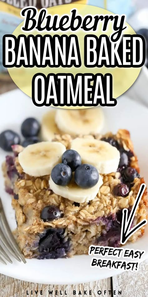 blueberry banana baked oatmeal One Pan Banana Oatmeal Bake, Baked Oatmeal With Blueberries & Bananas, Blueberry Oatmeal Breakfast Bars Healthy, Blueberry Banana Oat Bars, Oatmeal Blueberry Waffles, Ww Oatmeal Bake Breakfast, Healthy Banana Blueberry Oatmeal Muffins, Banana Oatmeal Baked, Banana Oatmeal Bake Healthy