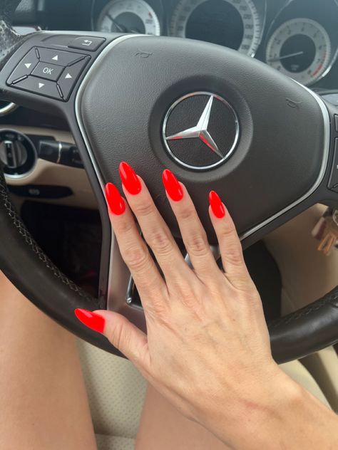 Neon Red Acrylic Nails, Bright Classy Nails, Almond Shaped Sns Nails, Bright Red Coffin Acrylic Nails, Orange Red Acrylic Nails, Red Summer Almond Nails, Long Almond Nails Colorful, Orange Red Almond Nails, Bright Red Nails With Design Summer