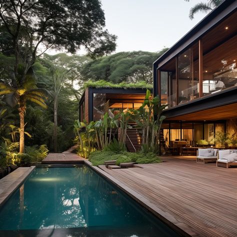 Modern wooden Brazilian houses Modern Brazilian Architecture, Brazilian Style Home, Modern Jungle House, Jungle Beach House, Brazilian Interior Design, Brazilian Beach House, Beach Mansions, Brazilian Modernism, Wooden Beach House