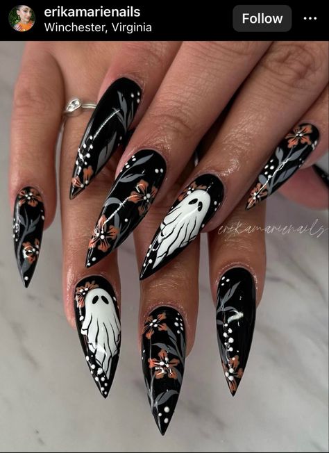 Gelx Inspo Nails Halloween, Spider Web Pedicure, Stilleto Halloween Nail Designs, Simple Spooky Nails Almond, Hades Inspired Nails, Spooky Thanksgiving Nails, Bone Nails Halloween, Fall Witch Nails, Goth Stilleto Nail