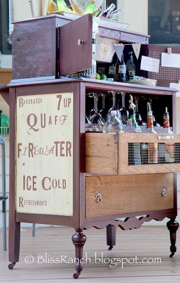 I like the idea of making a bar out of a dresser and adding vintagy bar signs to make it unique and bar like. Outdoor Beverage Center, Bar Deco, Outside Bars, Portable Bar, Beverage Center, Old Dressers, Trash To Treasure, Furniture Redo, Joanna Gaines