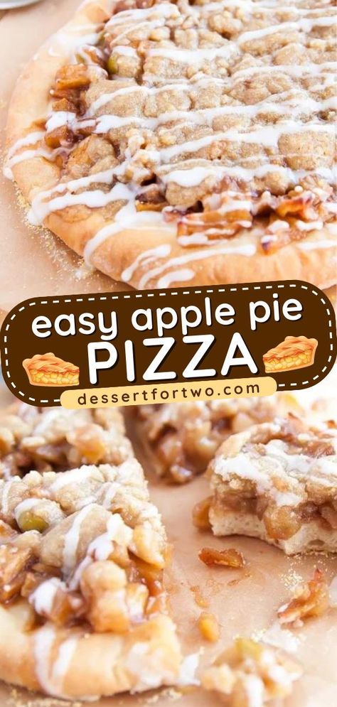 Don't miss out on this apple pie pizza recipe! It's an easy Thanksgiving dessert. Topped with a sugar crumble and glaze, this mini dessert pizza is a fun and delicious Thanksgiving sweet treat! Desert Pizza Recipes, Dessert Pizza Recipe Easy, Apple Dessert Pizza Recipe, Apple Pie Pizza, Apple Dessert Pizza, Mini Apple Pie, Apple Pizza, Dessert Pizza Recipes, Pizza Dessert