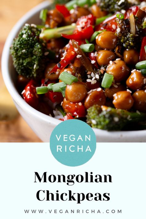 Sticky-sweet-spicy Mongolian chickpeas is a one-pot meal that’s super versatile. Try this sauce with different plant-based proteins and dish it up over rice or quinoa. It makes great lettuce wraps, too! Mongolian Chickpeas, Protein Entrees, Vegan Chickpea Recipes, Chickpea Recipe, Serve Over Rice, Vegan Richa, Wfpb Recipes, How To Cook Beans, Vegan Sauces