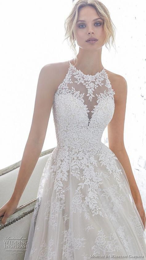 morilee 2018 bridal sleeveless halter jewel neck heavily embellished bodice elegant a line wedding dress sheer lace back chapel train (7) mv zv -- Morilee by Madeline Gardner AF Couture 2018 Wedding Dresses #beautifulbeddings Long White Wedding Dress, Neck Wedding Dress, Sheer Wedding Dress, White Bride, White Wedding Dress, Backless Wedding, Luxury Wedding Dress, A Wedding Dress, Beauty Dress