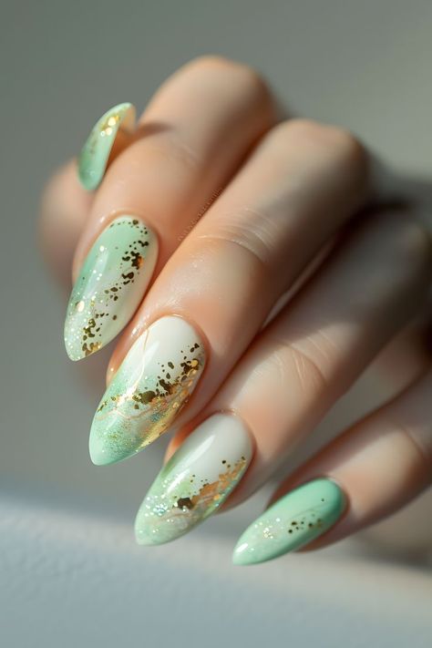 fun spring nails, spring time nails, spring nails, nail inspo, cute spring nails, nails spring, spring nail designs, minimalist nails, summer nails, spring nail ideas, april nails, spring nails designs, trendy spring nails, spring nails inspiration, spring manicure, spring nail colors, spring nail set, simple spring nails, april nails designs, trendy spring nails, mint green nails, gold accent nails, mint green and gold nails, spring nail trends, nail art ideas Mint Manicure Ideas, Pastel Green And Gold Nails, Mint Green And Gold Nails, Mint And Gold Nails, Mint Green Nail Art, Nails Mint Green, Mint Green Nail Ideas, Mint Nails Design, Mint Green Nails With Design