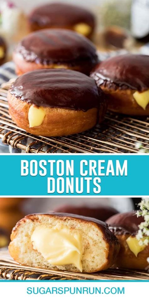 Boston Cream Donuts - Sugar Spun Run Cream Donut Recipe, Boston Cream Donut, Cream Filled Donuts, Biscuit Donuts, Donut Filling, Homemade Donuts Recipe, Boston Cream Pie, Filled Donuts, Boston Cream