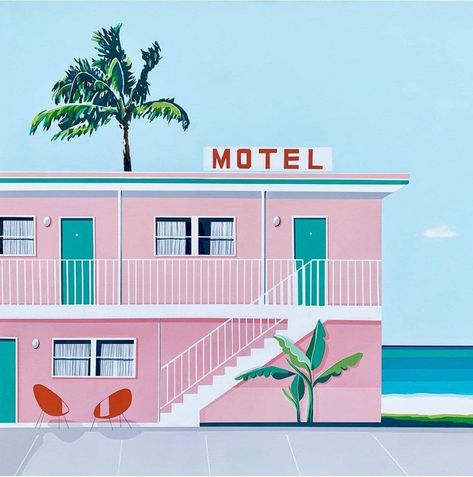 Motel Illustration, 60s Graphics, Barbie Background, Card Postal, Pink Motel, Palm Springs Aesthetic, Dystopian Art, Palm Springs Art, Ideas Sketch