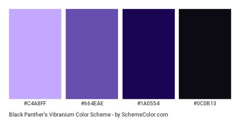 Download Black Panther’s Vibranium color scheme consisting of #C4A8FF, #664EAE, #1A0554 and #0C0B13. This 4 colors palette has been categorised in Black, Purple and Violet color categories. Black Panther Color Palette, Wakanda Color Palette, Wednesday Color Palette, Purple And Black Palette, Black Purple Color Palette, Black And Purple Color Palette, Purple And Black Color Palette, Color Categories, Avengers Coloring