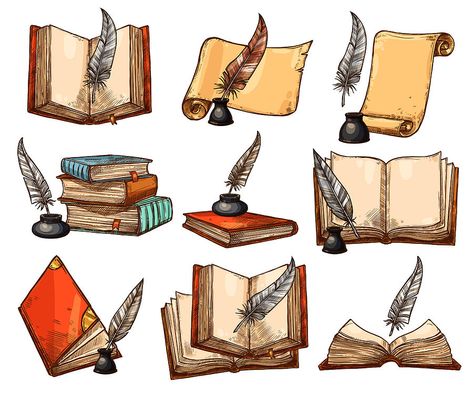 Old book, paper scroll and feather pen sketch set Drawing by Seamartini Open Book Drawing, Old Book Paper, Paper Scroll, Sketch Icon, Feather Pen, Book Paper, Vector Sketch, Pen Sketch, Book Drawing