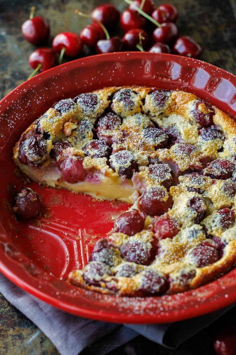 This classic Cherry Clafoutis recipe is a great way to use in-season cherries for a flan-like, custardy French dessert, and it's so simple! French Desserts Easy, Cherry Upside Down Cake, Clafoutis Recipes, French Tart, Cherry Clafoutis, Chocolate Cherry Cake, Custard Desserts, French Dessert, Bread Appetizers