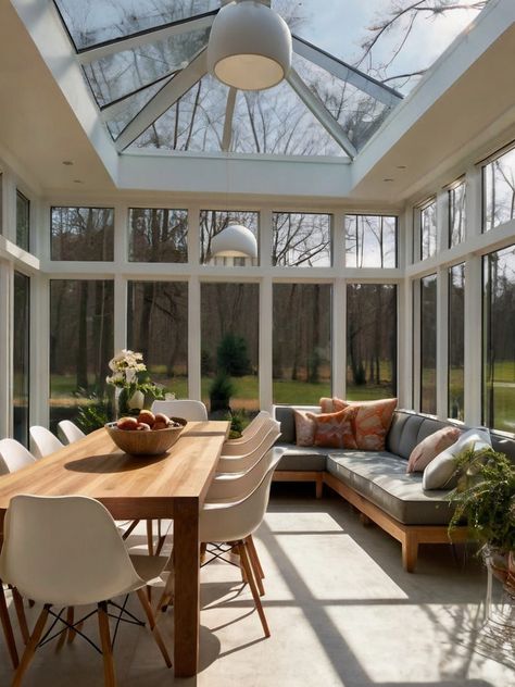 10 Sunroom Dining Room Ideas: Lighting, Decor, and Layout Tips - Homezillo Sunroom Dining And Living Room, Conservatory As Dining Room, Dining Room Conservatory Ideas, Long Sunroom, Morning Room Off Kitchen Ideas, Sunroom Addition Off Kitchen, Conservatory Dining Room Ideas, Dining Room Living Room Combo Layout, Sunroom Dining Room Ideas