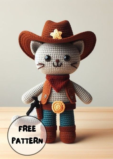 Free Crochet Cowboy Cat Amigurumi Pattern Crochet Cowboy Hat Free Pattern, Crochet Cowboy Boots, Crochet Cowboy Hats, Cowboy Hat Pattern, Cat Amigurumi Pattern, Cowboy Crochet, Crochet Lovey Free Pattern, Crochet Baby Cap, Cat Crochet