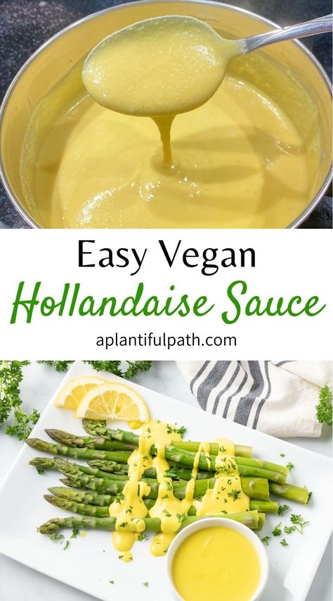 This Vegan Hollandaise Sauce is so creamy and delicious! It can be prepared in minutes, and is a perfect alternative to the traditional egg based sauce. Serve it over steamed or roasted veggies, or over your vegan eggs Benedict or vegan frittata. Hollandaise Sauce Healthy, Holondaise Sauce, Vegan Hollandaise, Vegan Hollandaise Sauce, Hollandaise Sauce Recipe, Vegan Frittata, Recipe For Hollandaise Sauce, Oil Free Vegan Recipes, Sauce Hollandaise