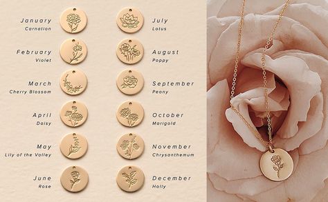 Necklaces Dainty, Disk Necklace, Birth Flower Necklace, Floral Pendant Necklace, Hand Stamped Necklace, Birth Month Flower, Floral Pendant, Month Flowers, Gold Engraving