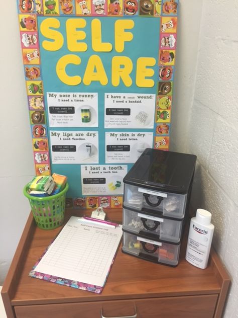 So excited to teach my students about self care this school year! #schoolnurse School Nurse Office Door, School Nurse Door Decoration, Nurse Door Decorations, School Nurse Decorations, School Nurse Elementary, School Nurse Door, School Organization Ideas, Nursing School Organization, Nurse Bulletin Board