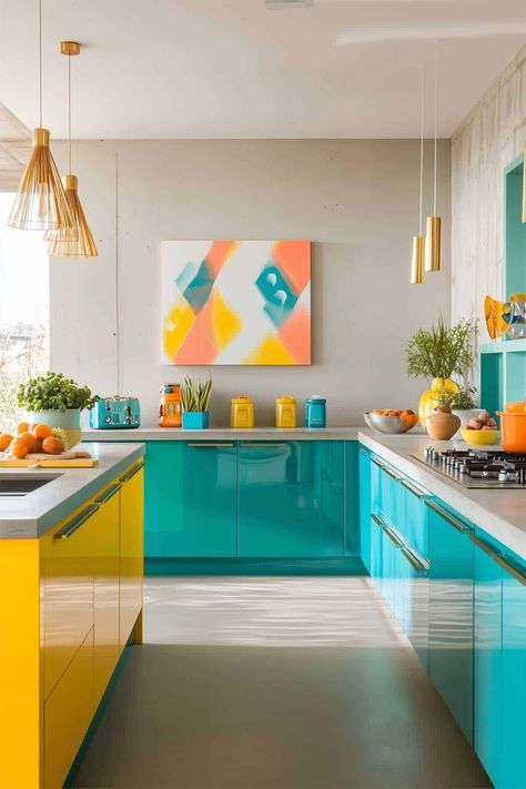 52 Colorful Kitchen Ideas (That'll Make You Want to Ditch White Forever) Kitchen Inspirations Colorful, Blue And Orange Kitchen, Colorful Boho Kitchen, Miami Kitchen, Colorful Kitchen Backsplash, Colorful Eclectic Home, Colorful Kitchen Ideas, Maximalist Kitchen, Colorful Backsplash