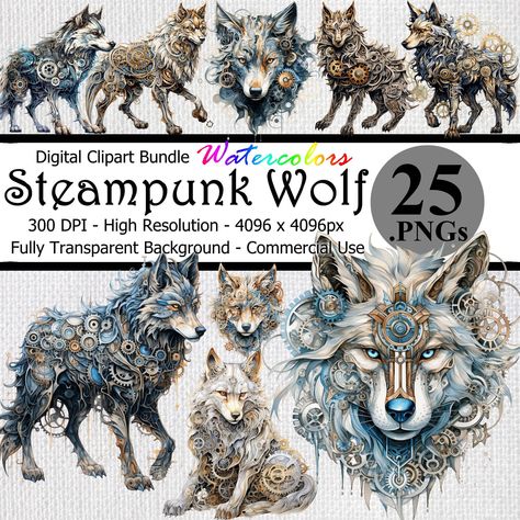 Steampunk Gears, Wolf Design, Digital Watercolor, Wolf Art, Digital Clip Art, High Resolution, Transparent Background, Instant Download Etsy, Print Quality