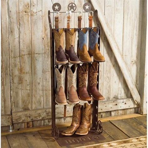 From Rod's Western ... nice to include belts as well. Boots Storage Ideas, Cowboy Boot Storage, Cowboy Boot Rack, Boots Storage, Boot Holder, Rustic Boots, Boot Organization, Boot Rack, Boot Storage