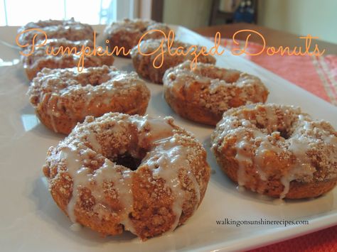 Pumpkin Glazed Donuts:  Walking on Sunshine Recipes Roll Out Sugar Cookies, Pumpkin Pie Spice Recipe, Pie Spice Recipe, Glazed Donuts, Walking On Sunshine, Spice Cake Mix, Doughnut Recipe, Delicious Donuts, Crumb Topping