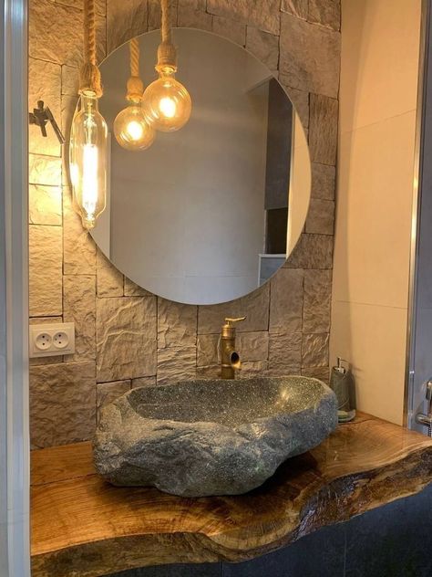 abasin #architecture #interior  #botanysoapthailand #handle   #handmadetile #bathart  #loftstyle #basing #nday Half Baths Ideas, Stone Wall Interior Design, Modern Pedestal Sink, Decorative Bathroom Mirrors, Stone Bathroom Sink, Bathroom Mirror Design, Bathroom Towel Decor, Cabin Bathrooms, Washbasin Design