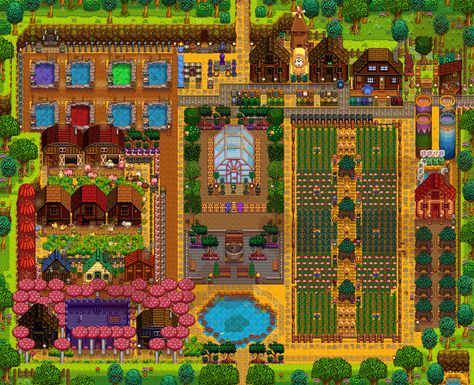 Stardew Valley, Little Farm, Summer, Crops, Exterior Design Stardew Valley Greenhouse, Stardew Valley Farm Ideas, Minecraft House Decor, Stardew Farm, Farm Layouts, Harvest Town, Summer Crops, Stardew Farms, Cottage Minecraft