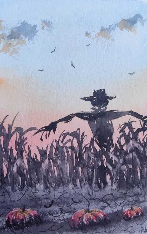 Spooky Scarecrow, Autumn Field, Colorful Art Projects, Creepy Paintings, Scary Scarecrow, Scarecrow Pumpkin, Pumpkin Girl, Plein Air Watercolor, Autumn Sky