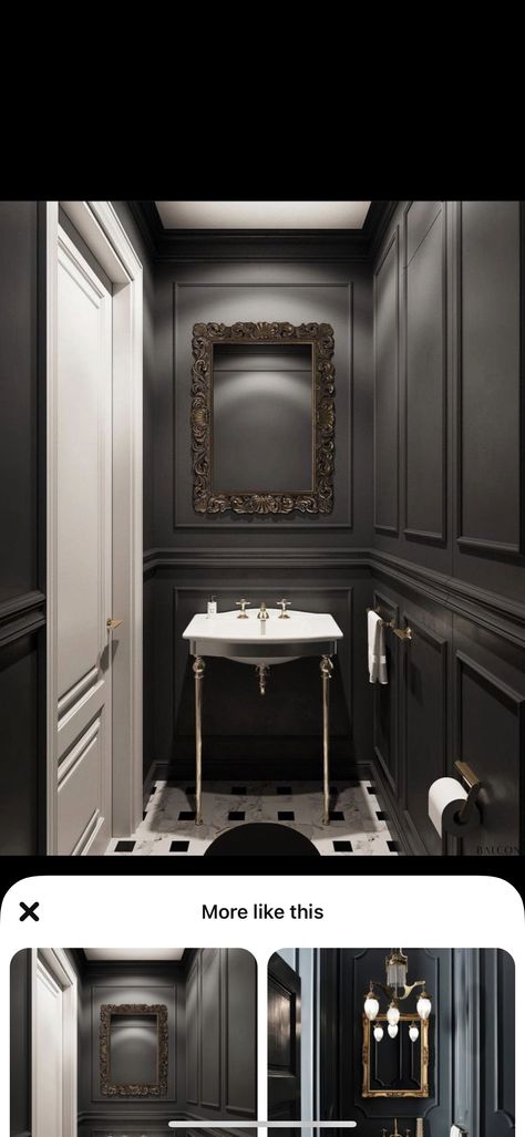 Color Drench Small Bathroom, Bathroom Reference, Home Decor Ideas Vintage, Black Powder Room, Wall Molding Design, Gothic Bathroom, Toilet Ideas, Simple Bathroom Designs, Bathroom Paneling