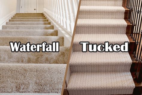 Waterfall Vs. Tucked Carpet: Which Carpeting Style Choose for Your Stairs? - Flooring West Stair Runner Vs Carpet, Waterfall Stair Runner, Carpet On Hardwood Stairs, Modern Carpet Stairs Stairways, Hardwood Floors With Carpet Stairs, Low Pile Carpet Stairs, Wall To Wall Carpet Stairs, Modern Carpeted Stairs, Carpeted Stairs Ideas