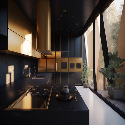 Matte black kitchen with golden accents #home #kitchenideas #kitchenrenovation Black And Gold Modern Kitchen, Black And Golden Kitchen, Gold Interior Design, Black And Gold Kitchen, Glamorous Kitchen, Black Bedroom Design, Rose Gold Kitchen, Small Kitchen Design, Design Kitchen Ideas