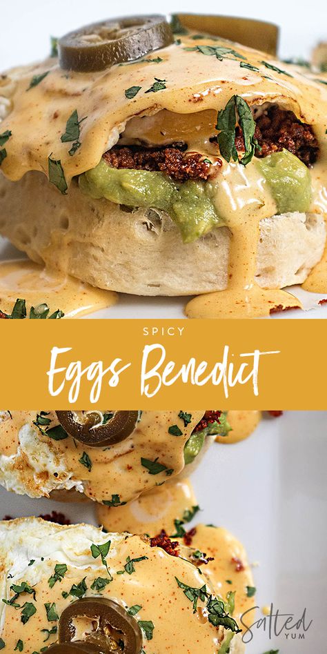 Mexican Eggs Benedict Recipe, Recipe For Hollandaise Sauce, Bacon Sauce, Eggs Benny, Eggs Benedict Recipe, Chorizo And Eggs, Spicy Eggs, Breakfast Specials, Sauce Hollandaise