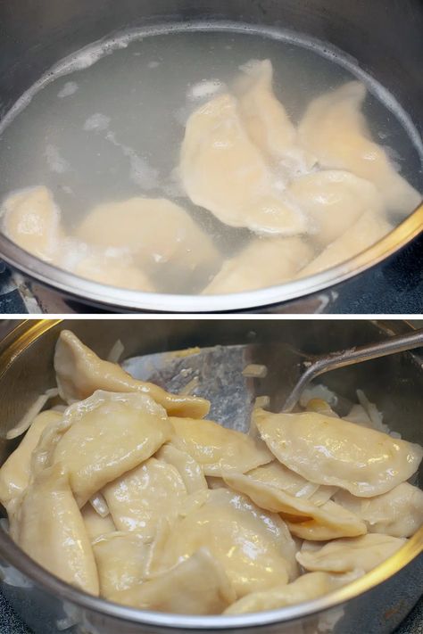 A two part image showing perogies floating in a pot of water, then drained and glistening with butter. Dinners With Perogies, Doukhobor Recipes, Frozen Perogies Recipe, Perogi Dough Recipe, Pirogi Recipes, Dessert Perogies Recipe, How To Prepare Perogies, Perogies Dough, Healthy Perogies Recipe