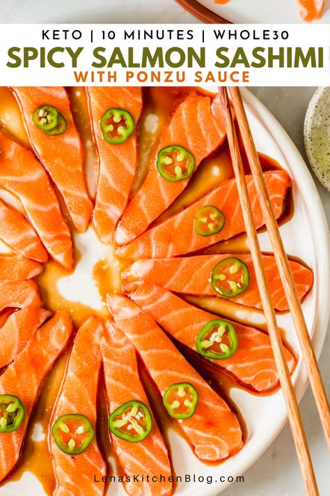 Sashimi Sauce Recipe, Spicy Salmon Sashimi, Sashimi Sauce, Japanese Appetizer, Sushi Bites, Salmon Tartar, Sashimi Recipe, Japanese Appetizers, Ponzu Sauce