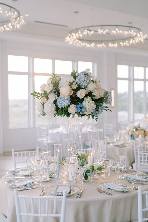 Flower Centerpieces Blue, Blue Hydrangea Arch Wedding, Beach Wedding Floral Centerpieces, White And Blue Wedding Flowers Centerpieces, Light Blue Wedding Ideas, Light Blue Wedding Table Decor, French Blue Wedding Table Setting, White And Blue Centerpieces, Wychmere Beach Club Wedding