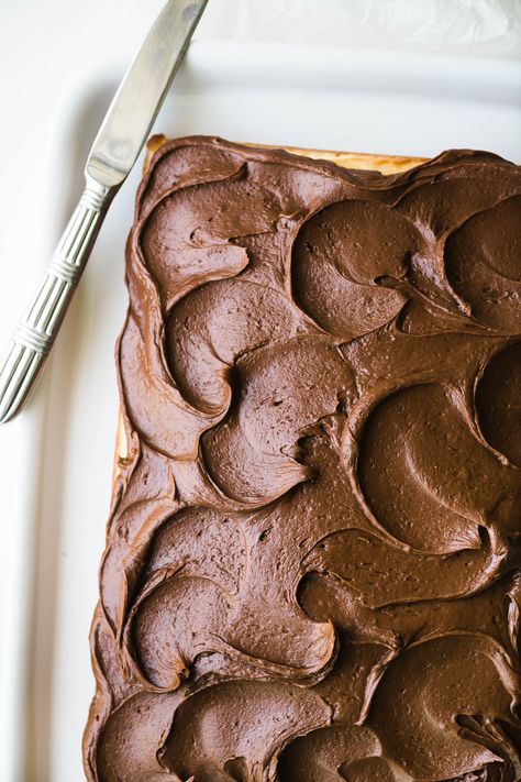 Classic Yellow Sheet Cake with Chocolate Fudge Frosting is a simple homemade butter cake with the ultimate chocolate frosting ~ for birthdays, or every day! #easy #recipe #cake #dessert #yellowcake #fudge #chocolate #homemade #fromscratch #baking #pantry #kids #birthday #sheetcake #snackcake #butter Homemade Butter Cake, Yellow Cake Chocolate Frosting, Yellow Sheet Cake, Mary Berry Cakes, Baking Pantry, Homemade Chocolate Fudge, Cake With Chocolate Frosting, Fudge Chocolate, Chocolate Homemade