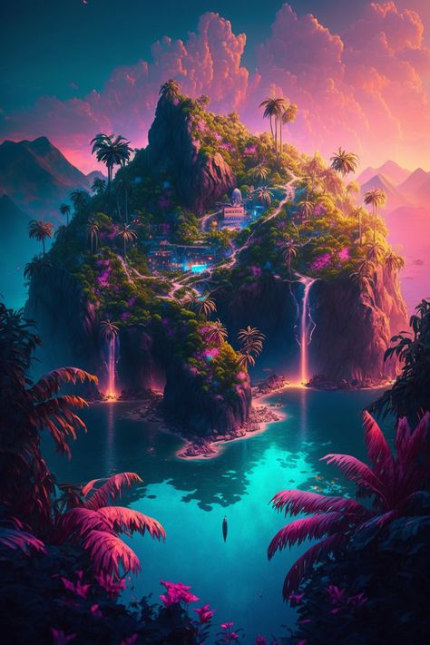 Tropical Paradise City on a Sunset Island Digital Painting Desktop Wallpaper Paradise Fantasy Art, Colorful Scenery Painting, Fantasy Tropical City, Tropical Fantasy Art, Fantasy Island Aesthetic, Fantasy Inspiration Scenery, Fantasy Tropical Island, Island Fantasy Art, Paradise Background